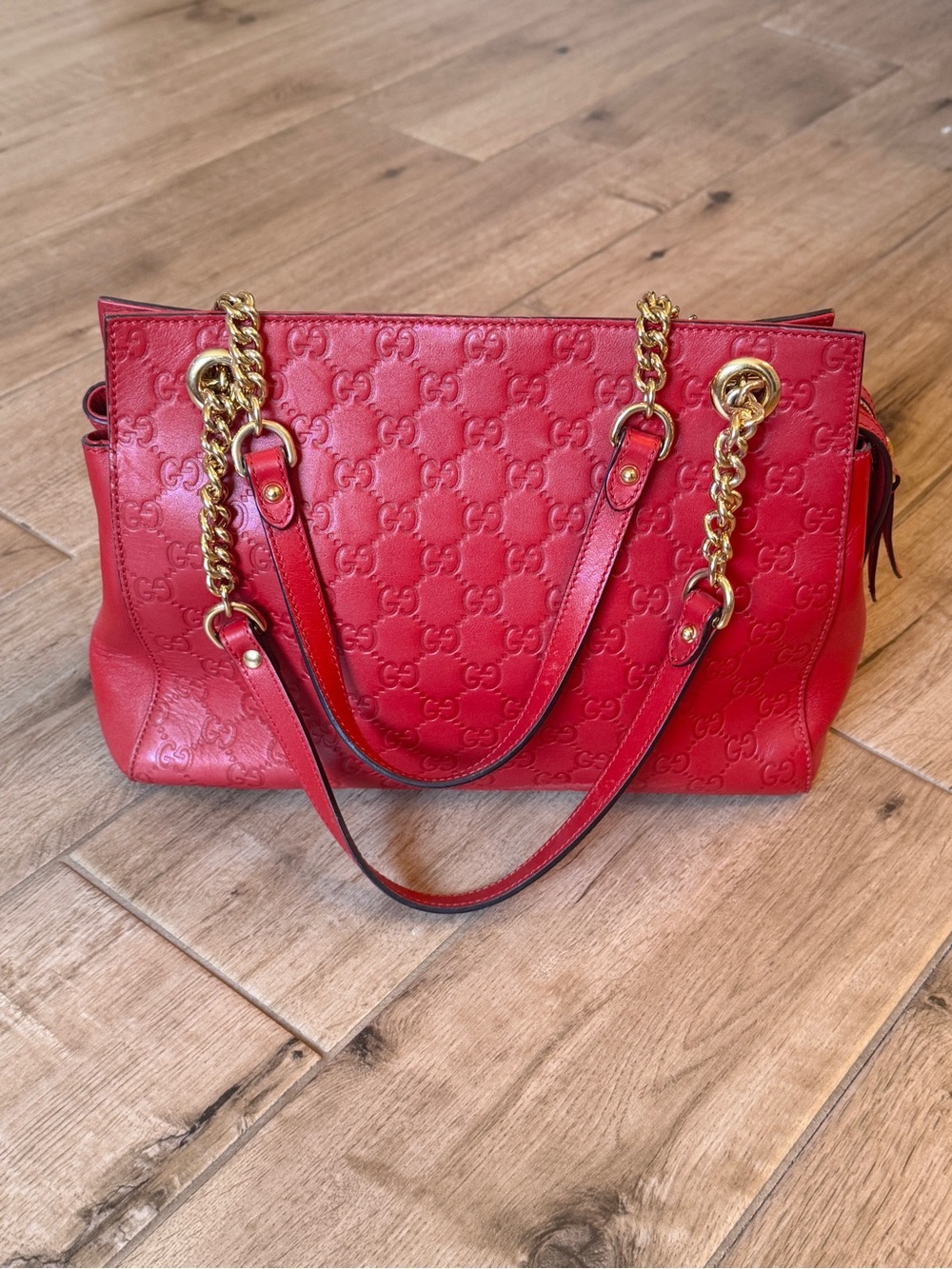 DISCONTINUED Gucci Red Embossed GG Leather Shoulder Bag with Gold Chain Straps